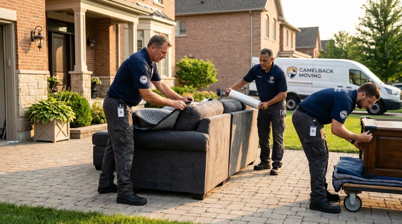 Large estate moving crew wrapping furniture in Westhampton Beach, NY