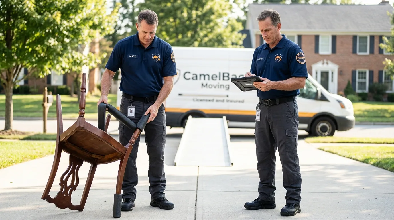 Movers inspecting furniture for damage prevention before loading in Westhampton Beach, NY