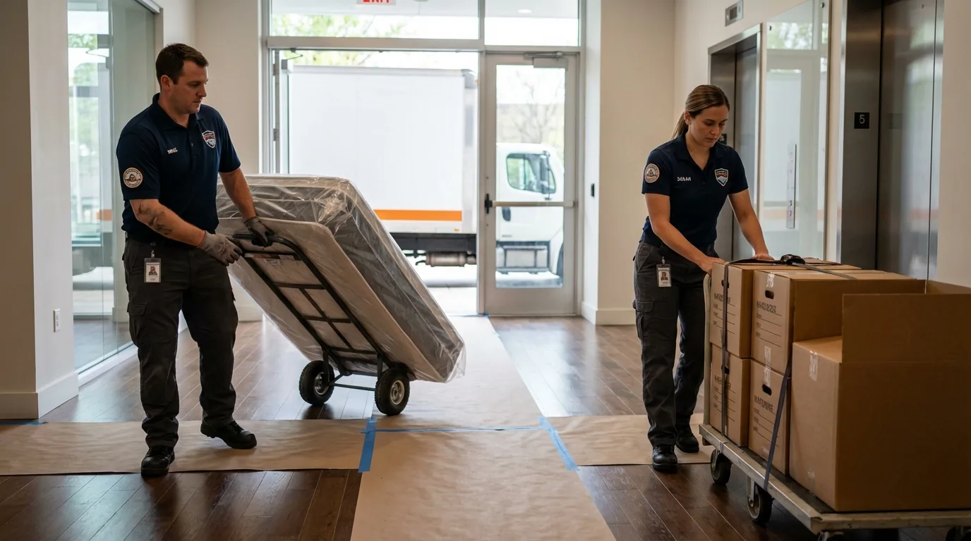 Professional apartment movers loading elevator in Westhampton Beach, NY