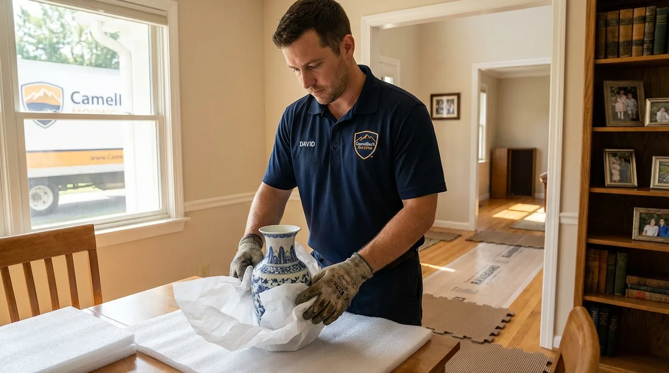 Professional crew carefully wrapping antique vase for senior downsizing move in Westhampton Beach, NY